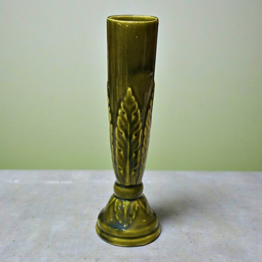 Brush McCoy Pottery Bud Vase C 339 Avocado Green Raised Leaves MCM Vintage 8.75"